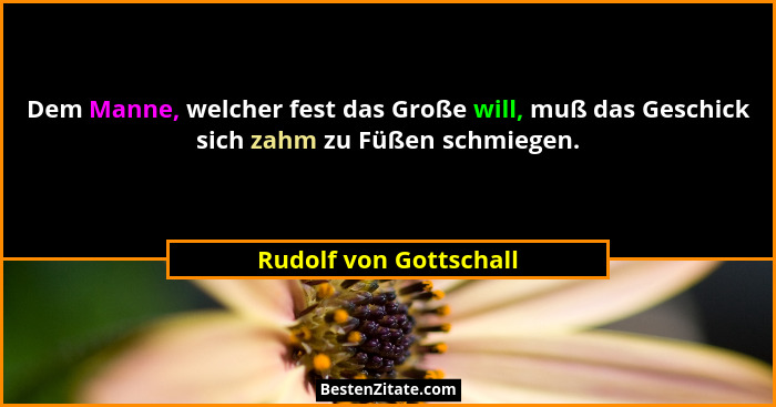 Dem Manne, welcher fest das Große will, muß das Geschick sich zahm zu Füßen schmiegen.... - Rudolf von Gottschall