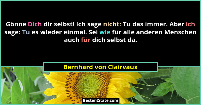 Gönne Dich dir selbst! Ich sage nicht: Tu das immer. Aber ich sage: Tu es wieder einmal. Sei wie für alle anderen Menschen au... - Bernhard von Clairvaux