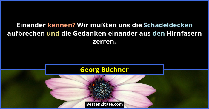 Einander kennen? Wir müßten uns die Schädeldecken aufbrechen und die Gedanken einander aus den Hirnfasern zerren.... - Georg Büchner