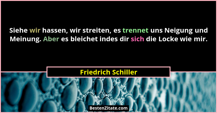 Siehe wir hassen, wir streiten, es trennet uns Neigung und Meinung. Aber es bleichet indes dir sich die Locke wie mir.... - Friedrich Schiller