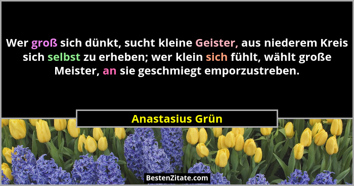 Wer groß sich dünkt, sucht kleine Geister, aus niederem Kreis sich selbst zu erheben; wer klein sich fühlt, wählt große Meister, an... - Anastasius Grün