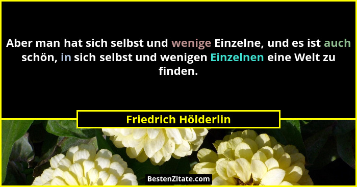 Aber man hat sich selbst und wenige Einzelne, und es ist auch schön, in sich selbst und wenigen Einzelnen eine Welt zu finden.... - Friedrich Hölderlin
