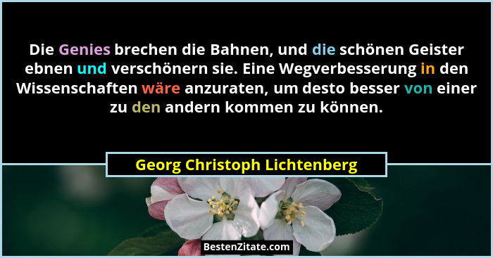 Die Genies brechen die Bahnen, und die schönen Geister ebnen und verschönern sie. Eine Wegverbesserung in den Wissenscha... - Georg Christoph Lichtenberg