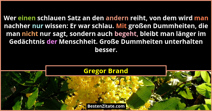 Wer einen schlauen Satz an den andern reiht, von dem wird man nachher nur wissen: Er war schlau. Mit großen Dummheiten, die man nicht n... - Gregor Brand