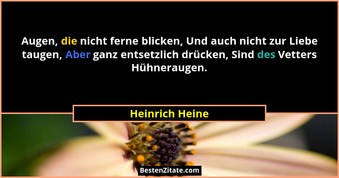 Augen, die nicht ferne blicken, Und auch nicht zur Liebe taugen, Aber ganz entsetzlich drücken, Sind des Vetters Hühneraugen.... - Heinrich Heine