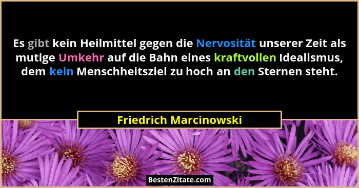 Es gibt kein Heilmittel gegen die Nervosität unserer Zeit als mutige Umkehr auf die Bahn eines kraftvollen Idealismus, dem kei... - Friedrich Marcinowski