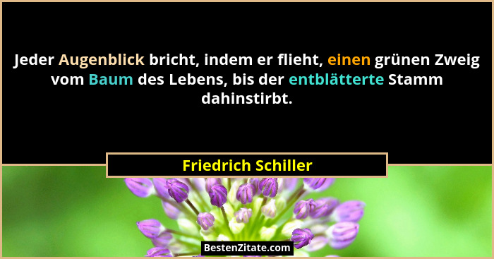 Jeder Augenblick bricht, indem er flieht, einen grünen Zweig vom Baum des Lebens, bis der entblätterte Stamm dahinstirbt.... - Friedrich Schiller