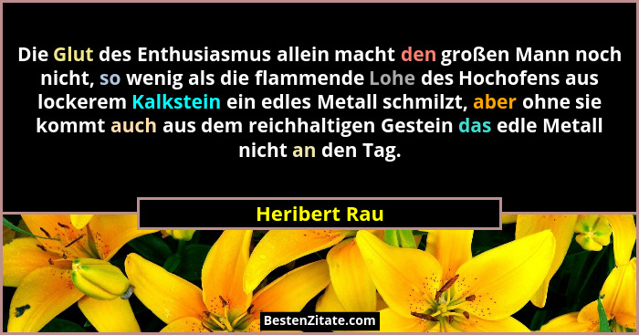 Die Glut des Enthusiasmus allein macht den großen Mann noch nicht, so wenig als die flammende Lohe des Hochofens aus lockerem Kalkstein... - Heribert Rau