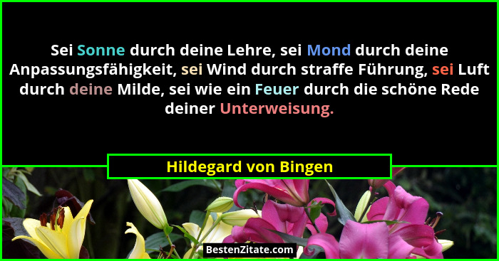 Sei Sonne durch deine Lehre, sei Mond durch deine Anpassungsfähigkeit, sei Wind durch straffe Führung, sei Luft durch deine Mil... - Hildegard von Bingen