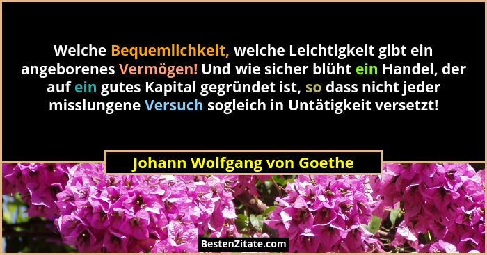 Welche Bequemlichkeit, welche Leichtigkeit gibt ein angeborenes Vermögen! Und wie sicher blüht ein Handel, der auf ein gu... - Johann Wolfgang von Goethe