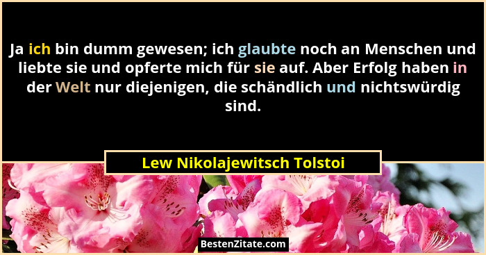 Ja ich bin dumm gewesen; ich glaubte noch an Menschen und liebte sie und opferte mich für sie auf. Aber Erfolg haben in d... - Lew Nikolajewitsch Tolstoi