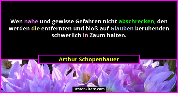Wen nahe und gewisse Gefahren nicht abschrecken, den werden die entfernten und bloß auf Glauben beruhenden schwerlich in Zaum ha... - Arthur Schopenhauer