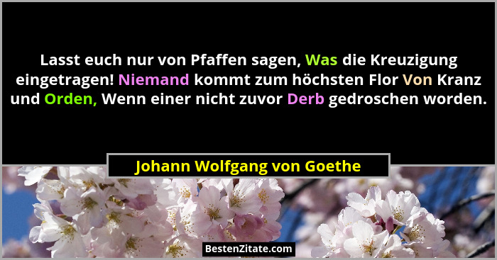 Lasst euch nur von Pfaffen sagen, Was die Kreuzigung eingetragen! Niemand kommt zum höchsten Flor Von Kranz und Orden, We... - Johann Wolfgang von Goethe