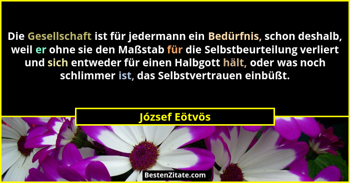 Die Gesellschaft ist für jedermann ein Bedürfnis, schon deshalb, weil er ohne sie den Maßstab für die Selbstbeurteilung verliert und s... - József Eötvös
