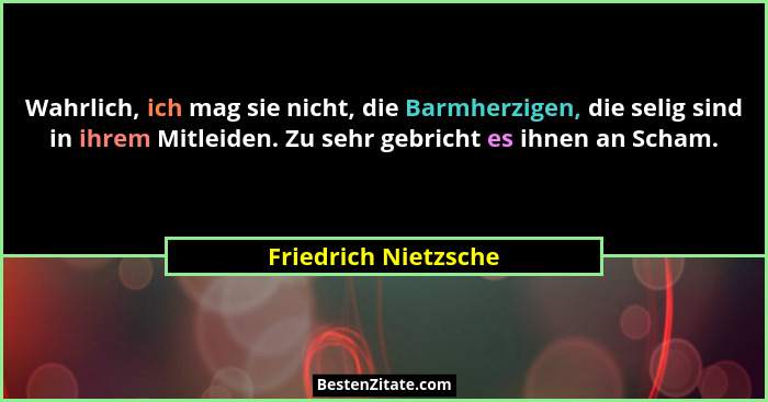 Wahrlich, ich mag sie nicht, die Barmherzigen, die selig sind in ihrem Mitleiden. Zu sehr gebricht es ihnen an Scham.... - Friedrich Nietzsche