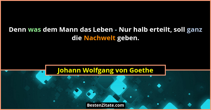 Denn was dem Mann das Leben - Nur halb erteilt, soll ganz die Nachwelt geben.... - Johann Wolfgang von Goethe