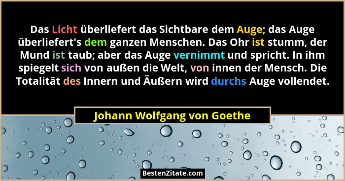 Das Licht überliefert das Sichtbare dem Auge; das Auge überliefert's dem ganzen Menschen. Das Ohr ist stumm, der Mund... - Johann Wolfgang von Goethe