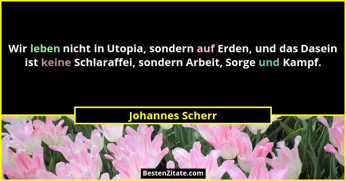 Wir leben nicht in Utopia, sondern auf Erden, und das Dasein ist keine Schlaraffei, sondern Arbeit, Sorge und Kampf.... - Johannes Scherr