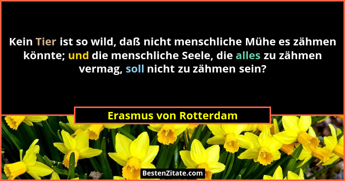 Kein Tier ist so wild, daß nicht menschliche Mühe es zähmen könnte; und die menschliche Seele, die alles zu zähmen vermag, sol... - Erasmus von Rotterdam
