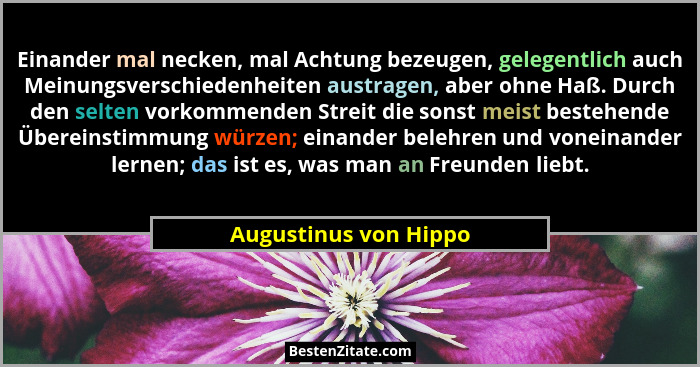 Einander mal necken, mal Achtung bezeugen, gelegentlich auch Meinungsverschiedenheiten austragen, aber ohne Haß. Durch den selt... - Augustinus von Hippo