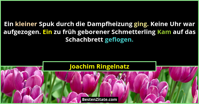 Ein kleiner Spuk durch die Dampfheizung ging. Keine Uhr war aufgezogen. Ein zu früh geborener Schmetterling Kam auf das Schachbre... - Joachim Ringelnatz