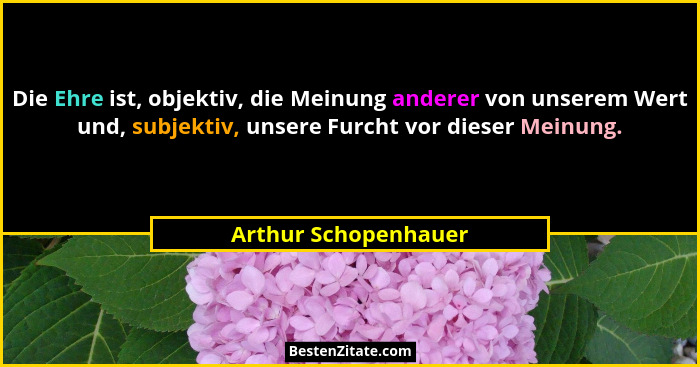 Die Ehre ist, objektiv, die Meinung anderer von unserem Wert und, subjektiv, unsere Furcht vor dieser Meinung.... - Arthur Schopenhauer