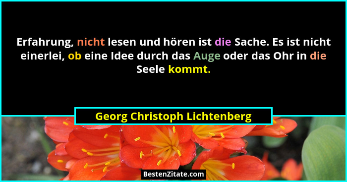 Erfahrung, nicht lesen und hören ist die Sache. Es ist nicht einerlei, ob eine Idee durch das Auge oder das Ohr in die S... - Georg Christoph Lichtenberg