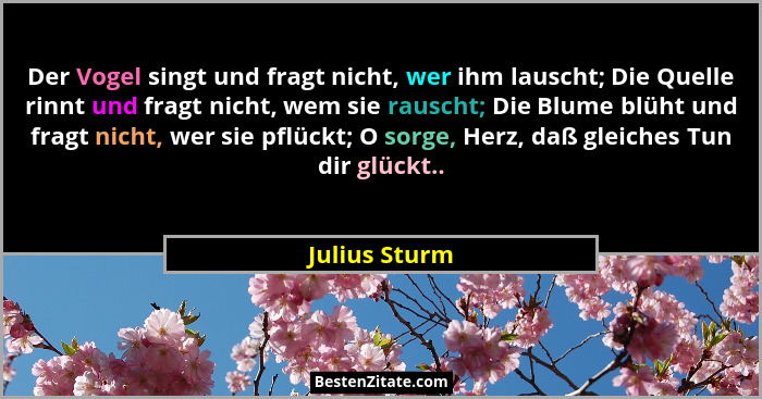 Der Vogel singt und fragt nicht, wer ihm lauscht; Die Quelle rinnt und fragt nicht, wem sie rauscht; Die Blume blüht und fragt nicht, w... - Julius Sturm