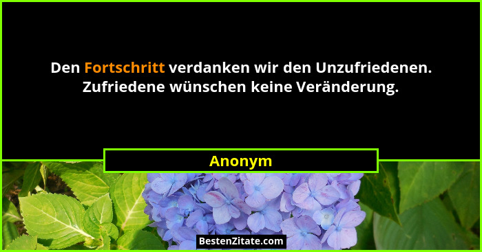 Den Fortschritt verdanken wir den Unzufriedenen. Zufriedene wünschen keine Veränderung.... - Anonym