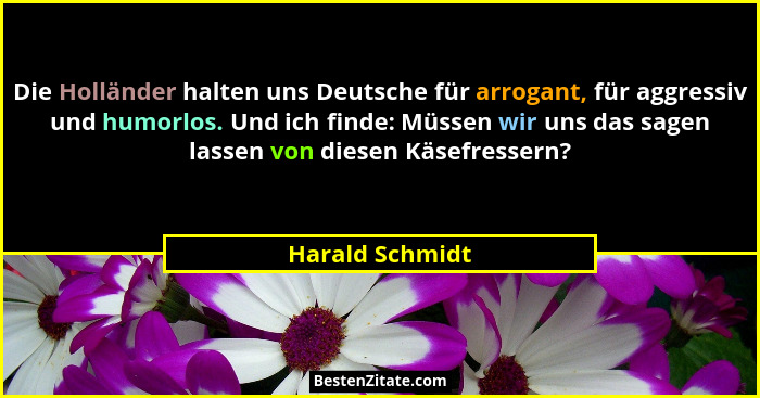 Die Holländer halten uns Deutsche für arrogant, für aggressiv und humorlos. Und ich finde: Müssen wir uns das sagen lassen von diesen... - Harald Schmidt