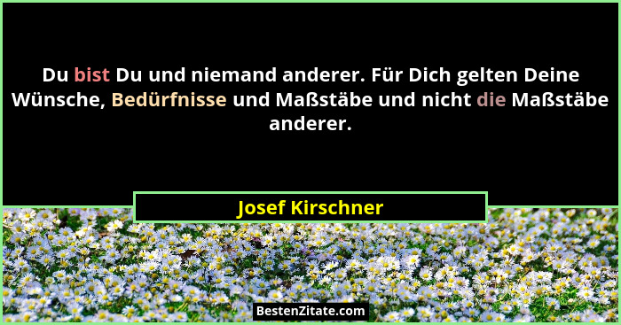 Du bist Du und niemand anderer. Für Dich gelten Deine Wünsche, Bedürfnisse und Maßstäbe und nicht die Maßstäbe anderer.... - Josef Kirschner