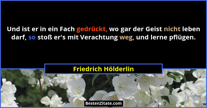 Und ist er in ein Fach gedrückt, wo gar der Geist nicht leben darf, so stoß er's mit Verachtung weg, und lerne pflügen.... - Friedrich Hölderlin