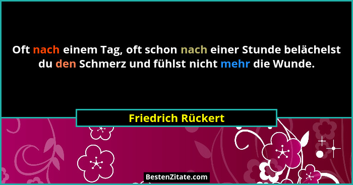 Oft nach einem Tag, oft schon nach einer Stunde belächelst du den Schmerz und fühlst nicht mehr die Wunde.... - Friedrich Rückert