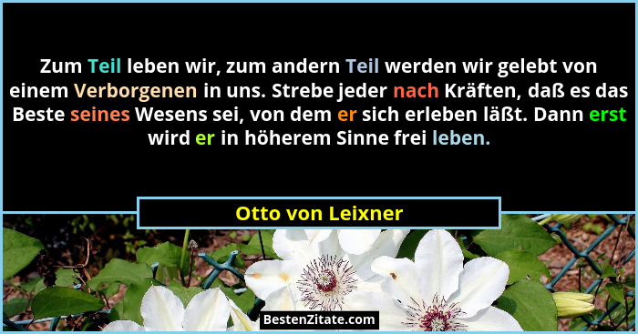 Zum Teil leben wir, zum andern Teil werden wir gelebt von einem Verborgenen in uns. Strebe jeder nach Kräften, daß es das Beste sei... - Otto von Leixner