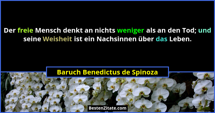 Der freie Mensch denkt an nichts weniger als an den Tod; und seine Weisheit ist ein Nachsinnen über das Leben.... - Baruch Benedictus de Spinoza