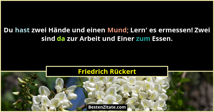 Du hast zwei Hände und einen Mund; Lern' es ermessen! Zwei sind da zur Arbeit und Einer zum Essen.... - Friedrich Rückert