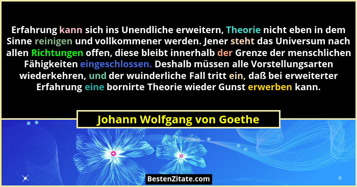 Erfahrung kann sich ins Unendliche erweitern, Theorie nicht eben in dem Sinne reinigen und vollkommener werden. Jener ste... - Johann Wolfgang von Goethe