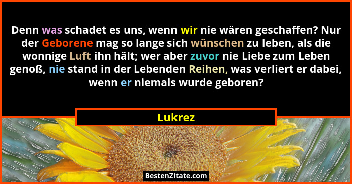 Denn was schadet es uns, wenn wir nie wären geschaffen? Nur der Geborene mag so lange sich wünschen zu leben, als die wonnige Luft ihn hält;... - Lukrez