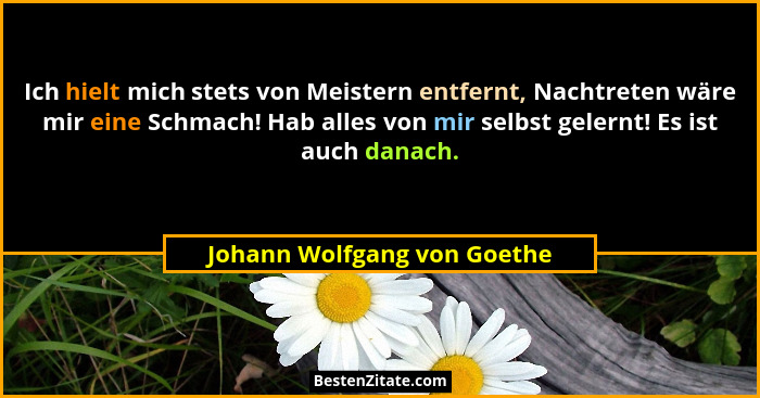 Ich hielt mich stets von Meistern entfernt, Nachtreten wäre mir eine Schmach! Hab alles von mir selbst gelernt! Es ist au... - Johann Wolfgang von Goethe