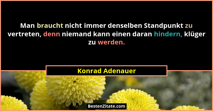 Man braucht nicht immer denselben Standpunkt zu vertreten, denn niemand kann einen daran hindern, klüger zu werden.... - Konrad Adenauer