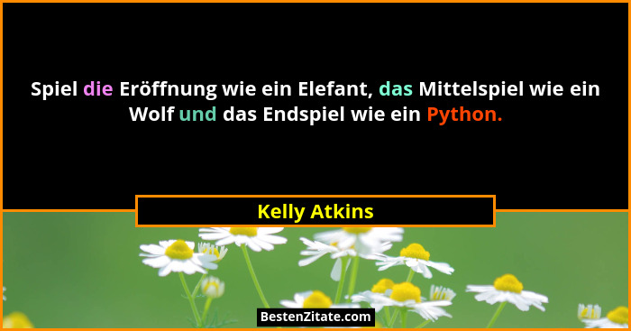 Spiel die Eröffnung wie ein Elefant, das Mittelspiel wie ein Wolf und das Endspiel wie ein Python.... - Kelly Atkins