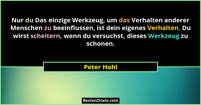 Nur du Das einzige Werkzeug, um das Verhalten anderer Menschen zu beeinflussen, ist dein eigenes Verhalten. Du wirst scheitern, wenn du v... - Peter Hohl